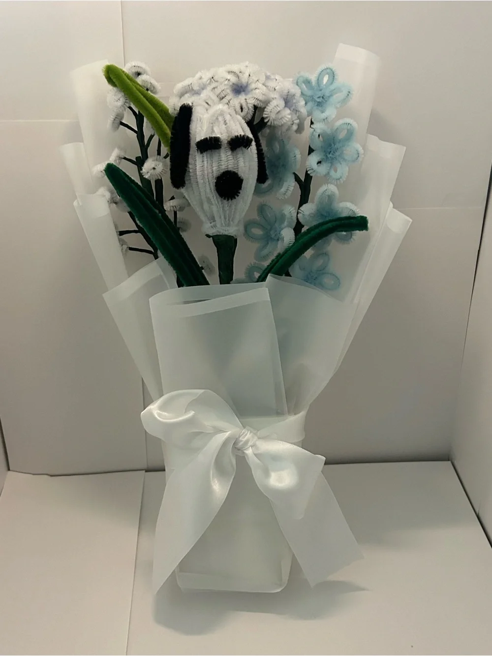Handmade Chenille Pipe Cleaner Flower Bouquet - White, Light Blue, Green